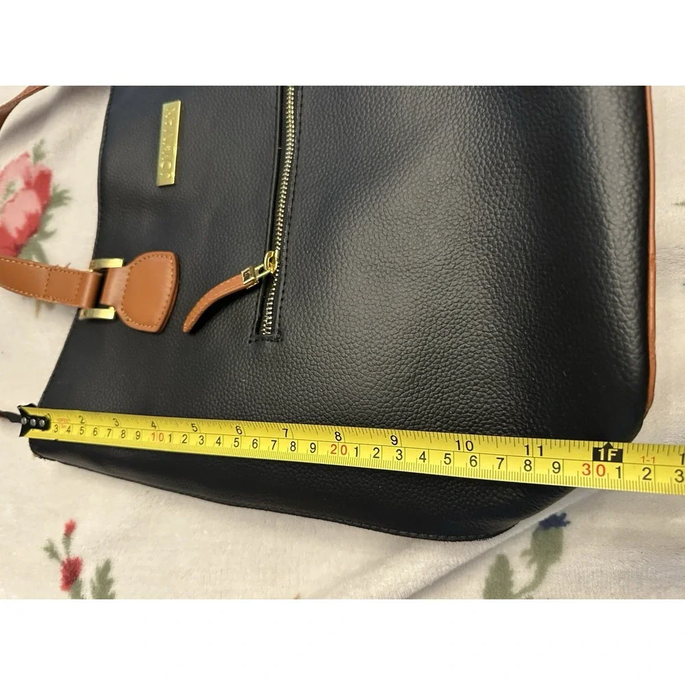 JOY & IMAN Pebbled Black Satchel Top Handle Zip Bag Brown Handles Pockets